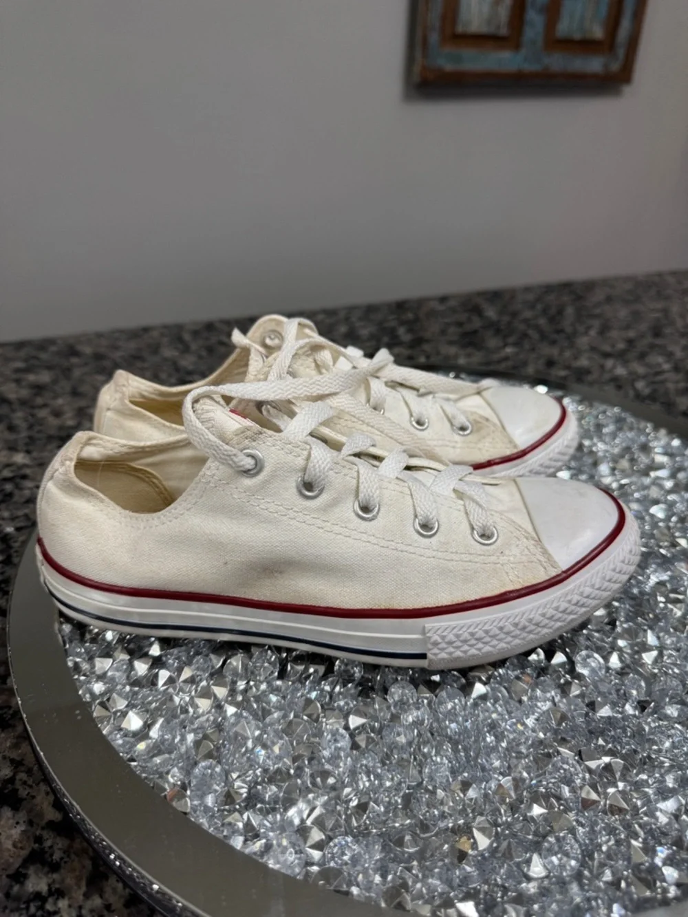 Converse Low Top Canvas Sneakers - White with Red Stripe womens 5 Youth 3